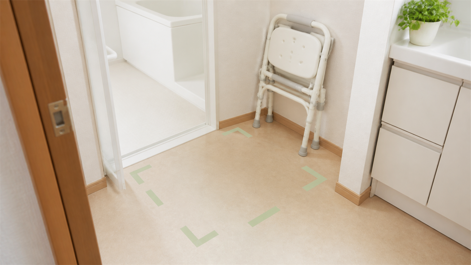 浴室入口の床にテープで設置範囲を示し、折りたたんだシャワーチェアの置き場所を確認する様子