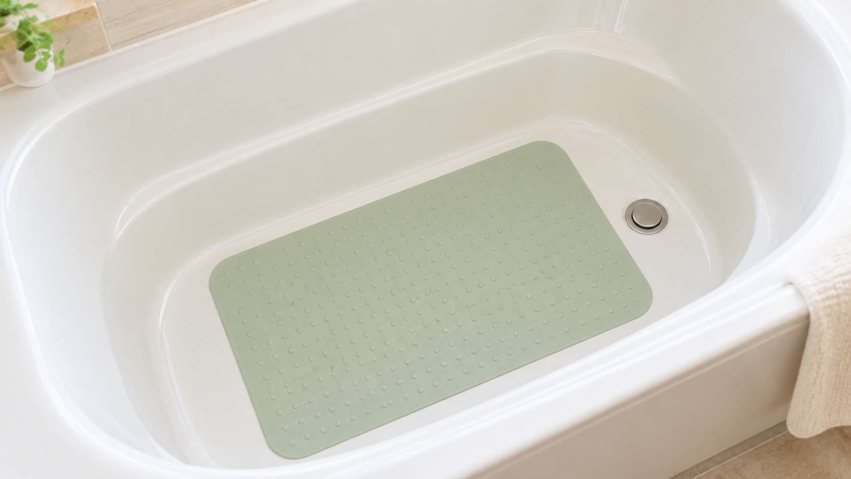浴槽底の曲面と排水栓を避けてすべり止めマットを平らに置いた例