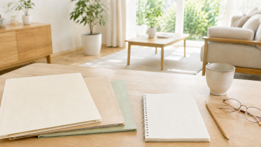 介護費用を整理するため、明るい居間のテーブルに書類ファイルとノートを用意した様子