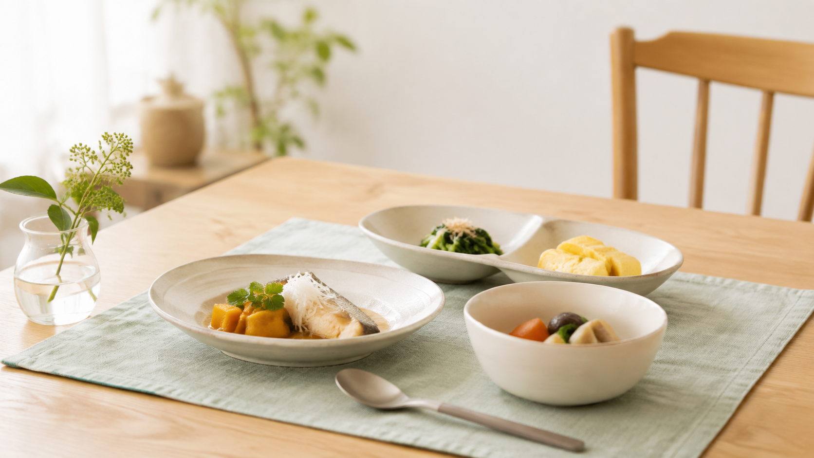 明るい食卓に、縁のある浅皿と小鉢、仕切り皿、スプーンを並べた様子