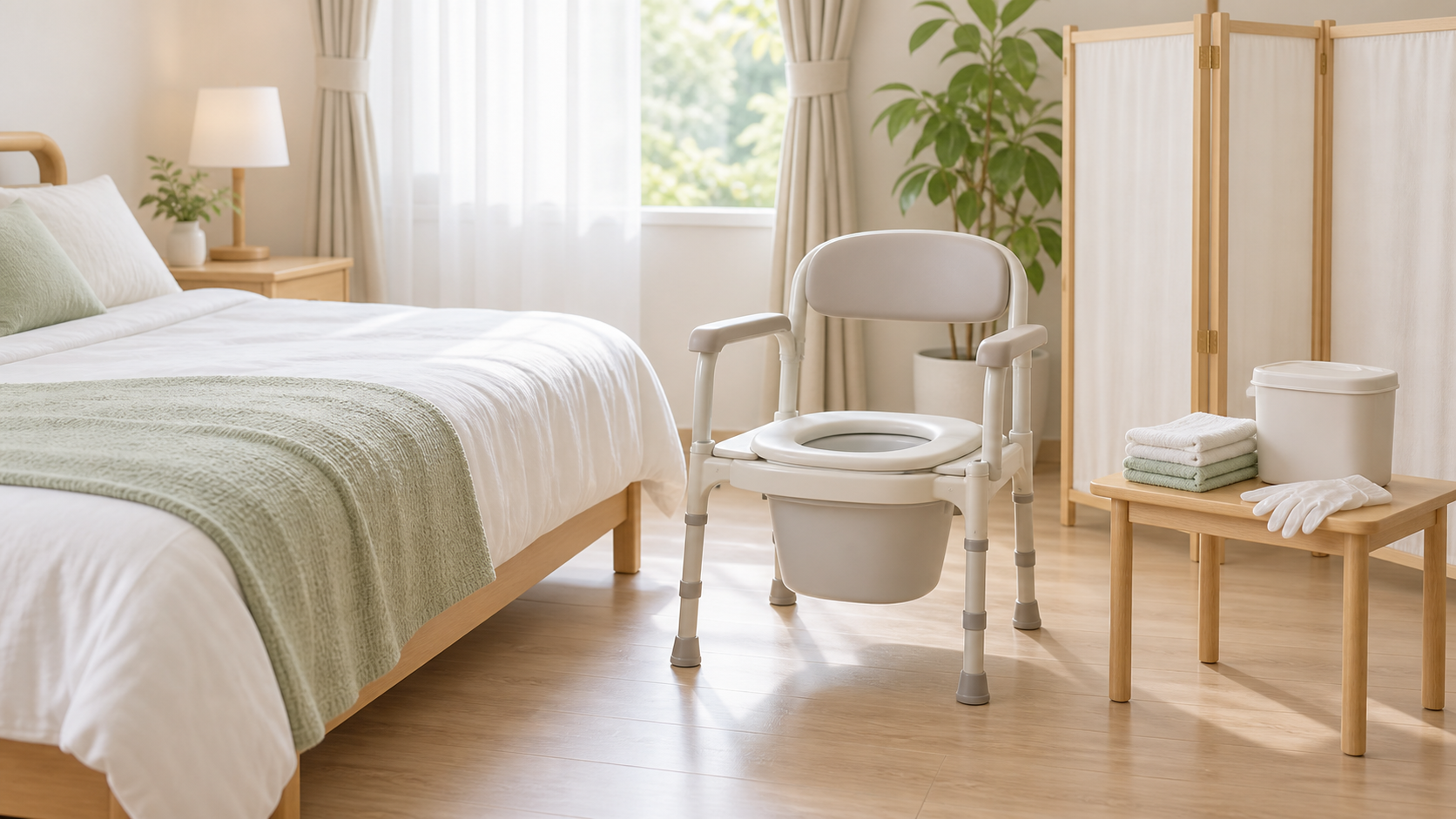 ポータブルトイレの近くに清掃用品と目隠しを整えた介護の空間