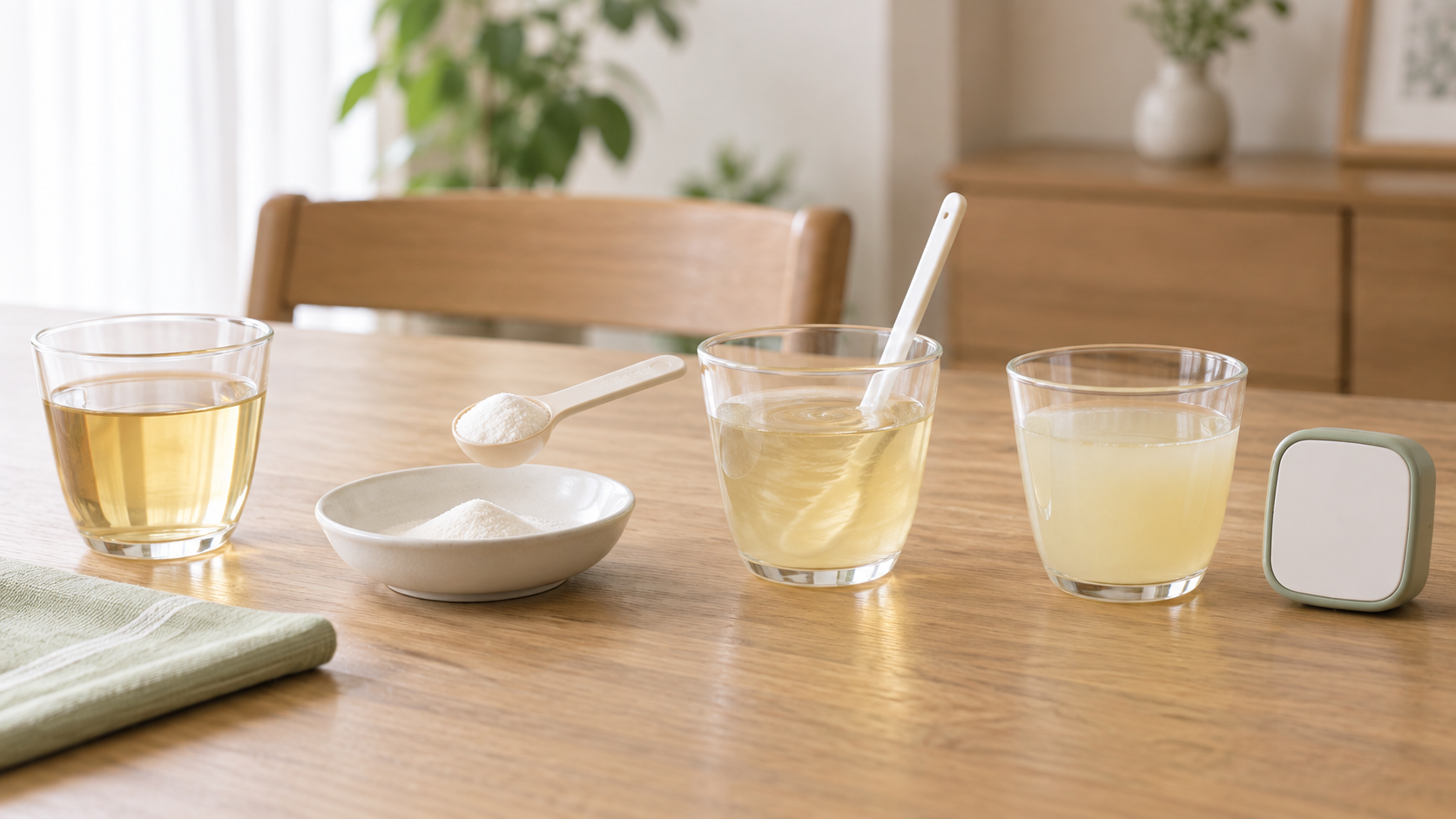 飲み物を量り、乾いたスプーンで粉を用意し、混ぜて待つ手順が分かる食卓の準備