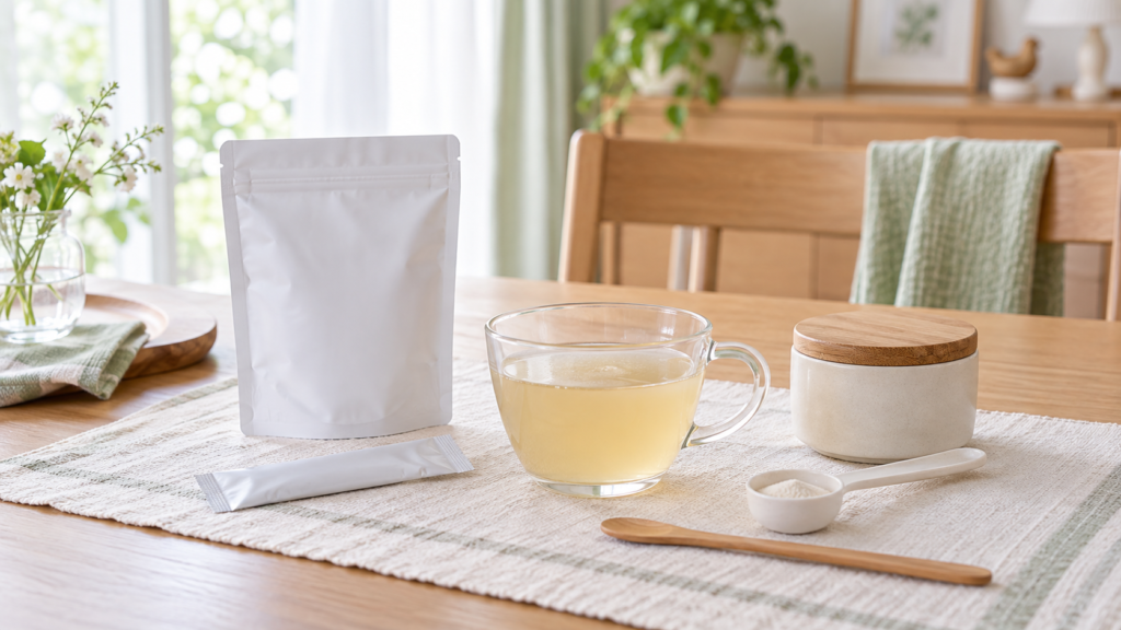 明るい食卓に、飲み物のカップ、無地のとろみ調整食品の容器、計量スプーン、混ぜ棒を整えた準備