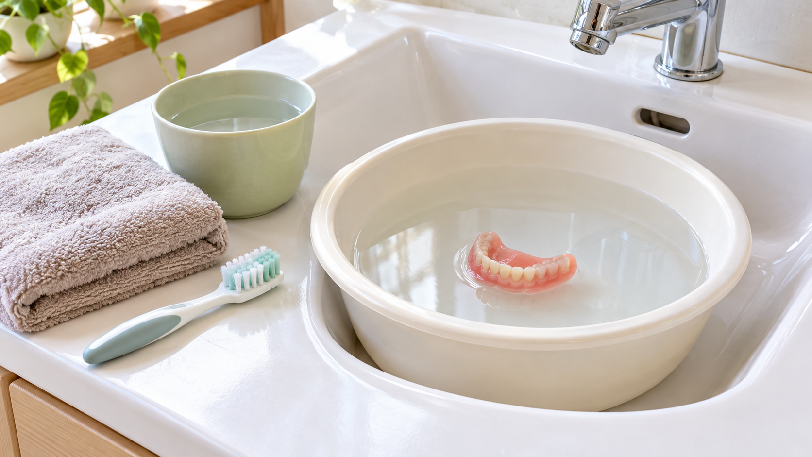 入れ歯の落下を防ぐため、洗面台の中に水を張った洗面器を置き、専用ブラシとタオルを準備した様子